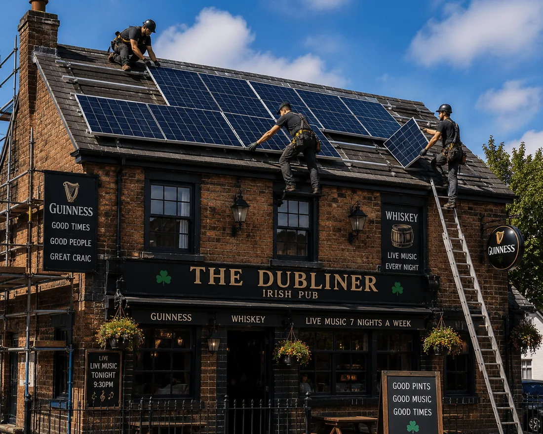Installers fitting solar panels on the roof of a pub
