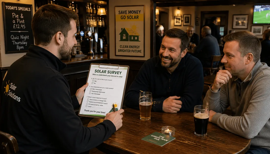 A solar surveyor showing a clipboard survey to two pub owners over a pint inside a pub
