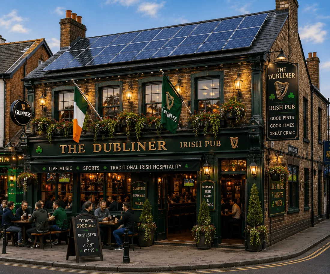 A traditional pub at dusk with solar panels on the roof